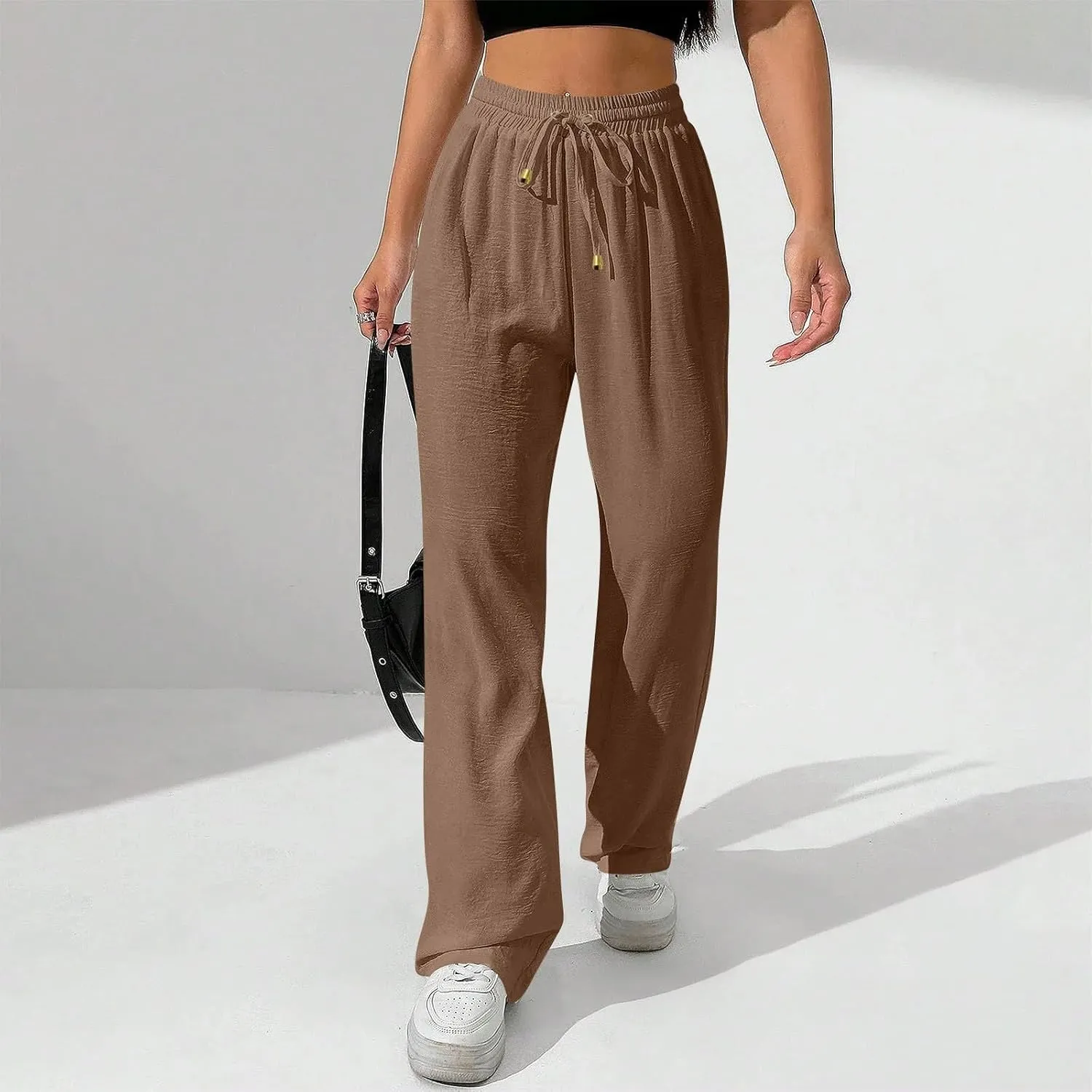 Women's Linen Summer Palazzo Pants Flowy Wide Leg Beach Pants with Pockets