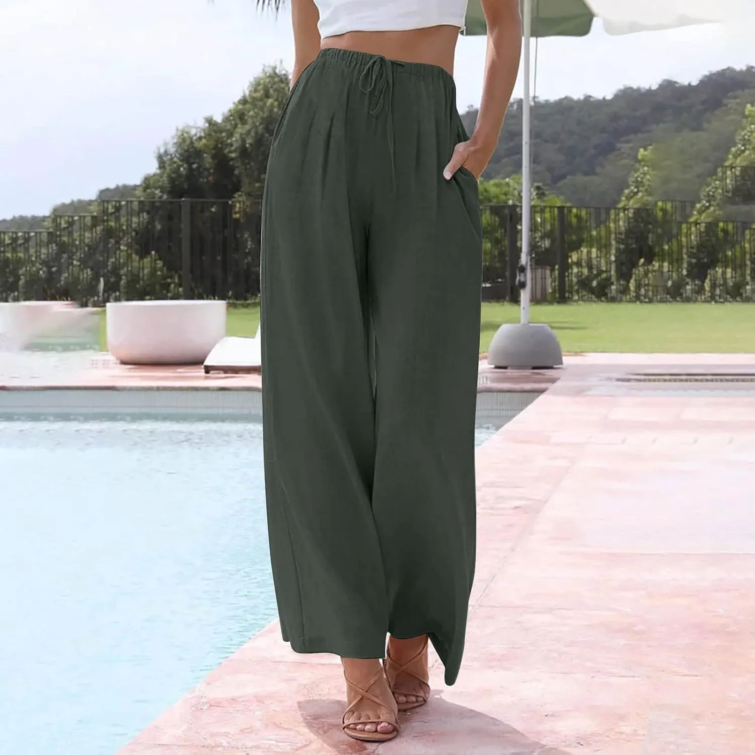 Women's Linen Summer Palazzo Pants Flowy Wide Leg Beach Trousers with Pockets