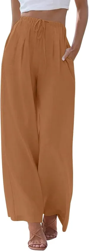 Women's Linen Summer Palazzo Pants Flowy Wide Leg Beach Trousers with Pockets