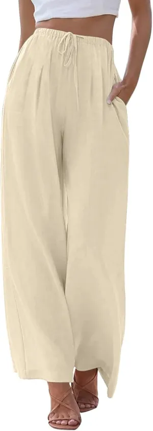 Women's Linen Summer Palazzo Pants Flowy Wide Leg Beach Trousers with Pockets