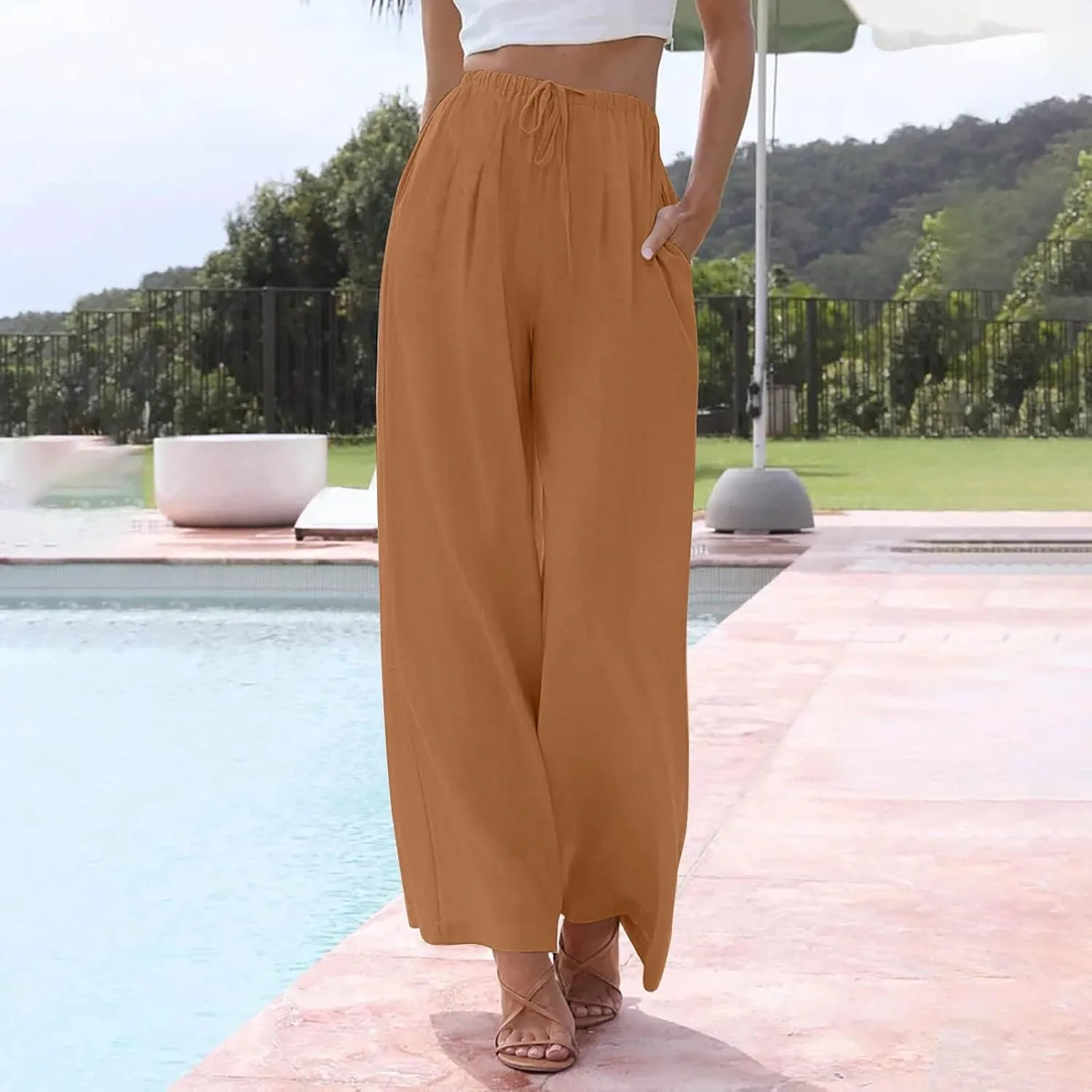 Women's Linen Summer Palazzo Pants Flowy Wide Leg Beach Trousers with Pockets