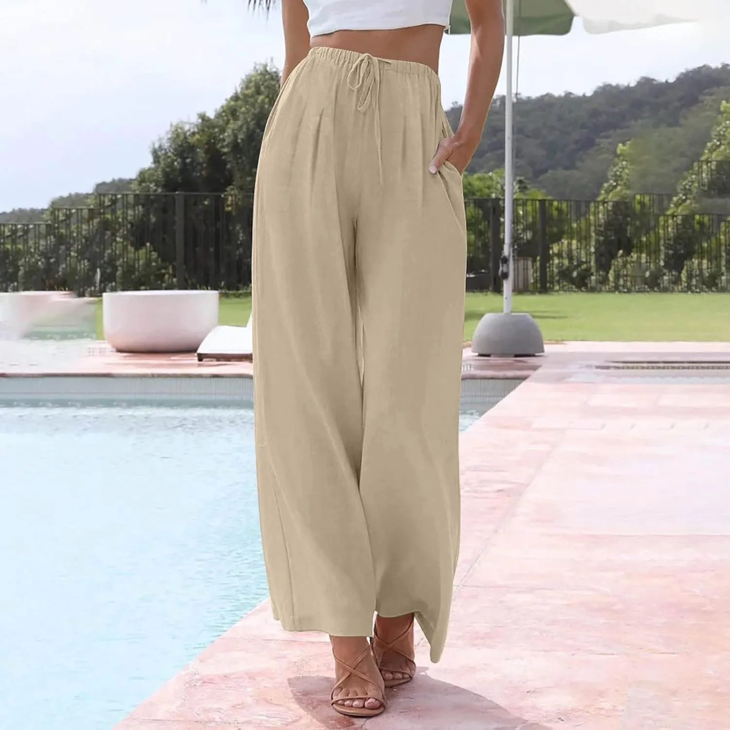 Women's Linen Summer Palazzo Pants Flowy Wide Leg Beach Trousers with Pockets