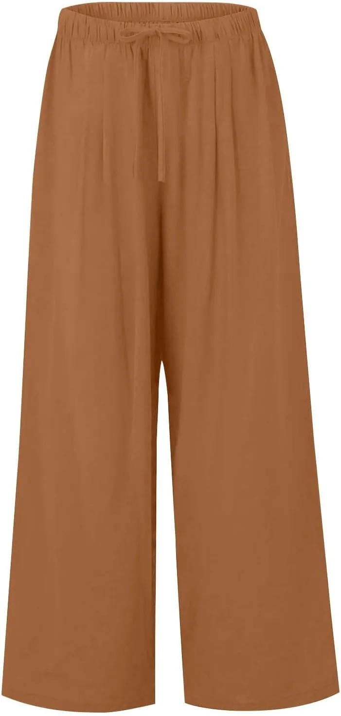Women's Linen Summer Palazzo Pants Flowy Wide Leg Beach Trousers with Pockets