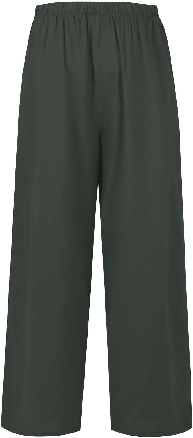 Women's Linen Summer Palazzo Pants Flowy Wide Leg Beach Trousers with Pockets