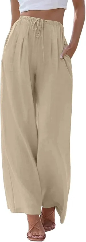 Women's Linen Summer Palazzo Pants Flowy Wide Leg Beach Trousers with Pockets