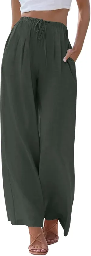 Women's Linen Summer Palazzo Pants Flowy Wide Leg Beach Trousers with Pockets