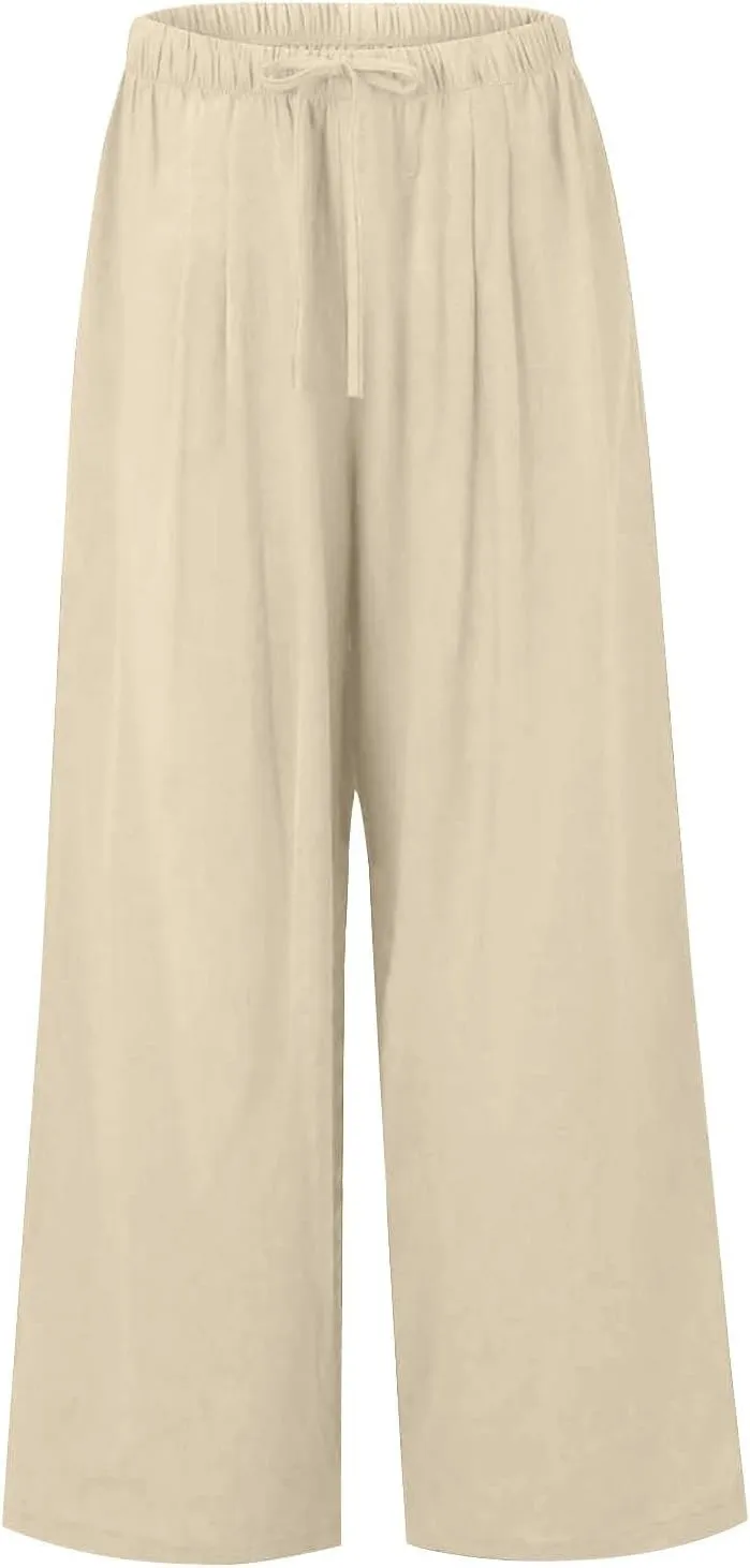 Women's Linen Summer Palazzo Pants Flowy Wide Leg Beach Trousers with Pockets