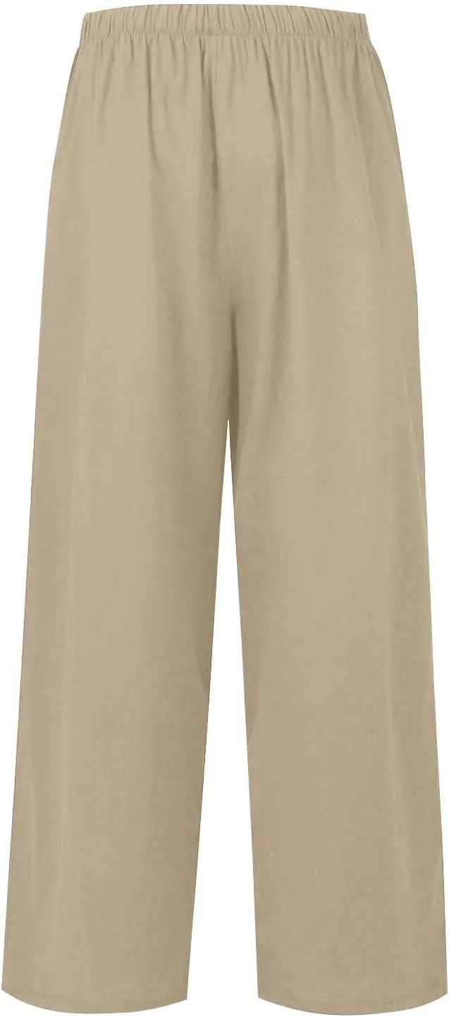Women's Linen Summer Palazzo Pants Flowy Wide Leg Beach Trousers with Pockets