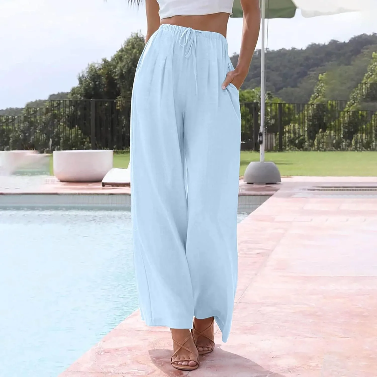 Women's Linen Summer Palazzo Pants Flowy Wide Leg Beach Trousers with Pockets