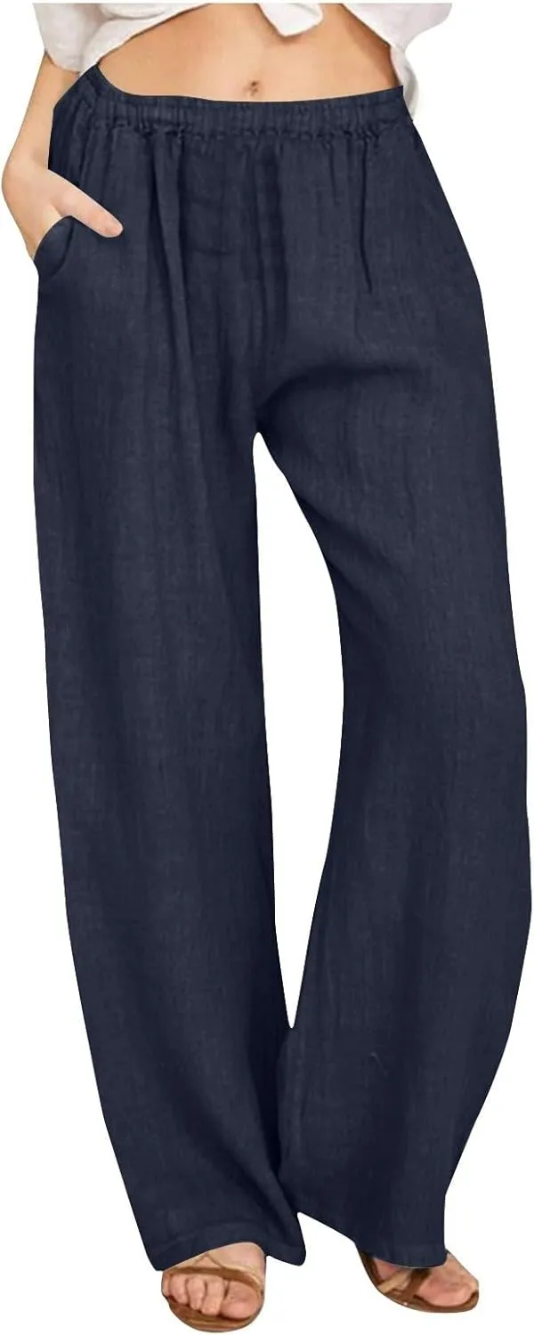 Women's Linen Wide Leg Pants Casual Loose Elastic Waisted Casual Summer Barrel Beach Palazzo Loose Fit Trousers