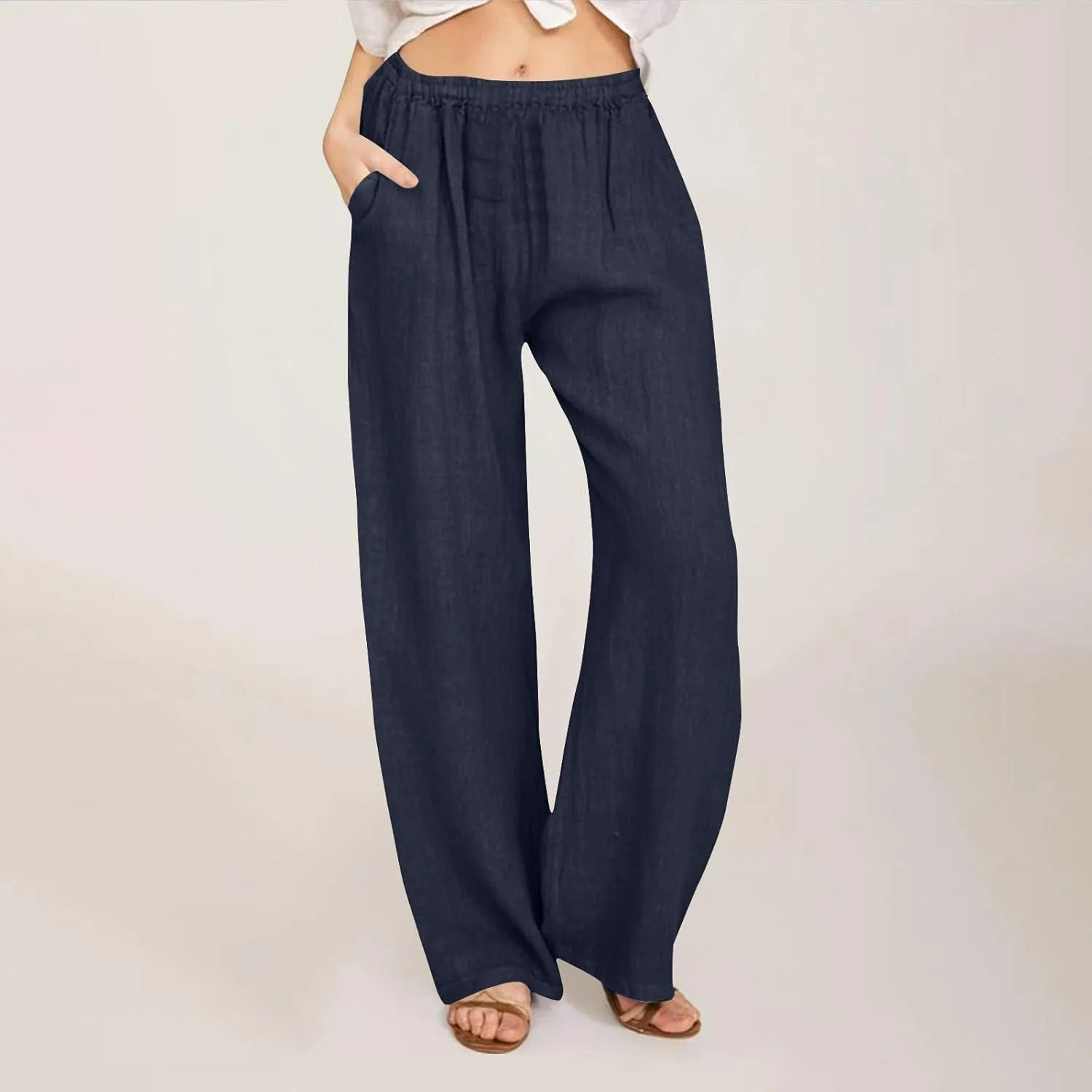 Women's Linen Wide Leg Pants Casual Loose Elastic Waisted Casual Summer Barrel Beach Palazzo Loose Fit Trousers