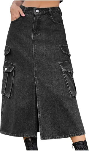 Women's Maxi Long Denim Skirt High Waist Split Casual Side Flap Pocket A-Line Twill Skirt Classic Midi Jean Skirt