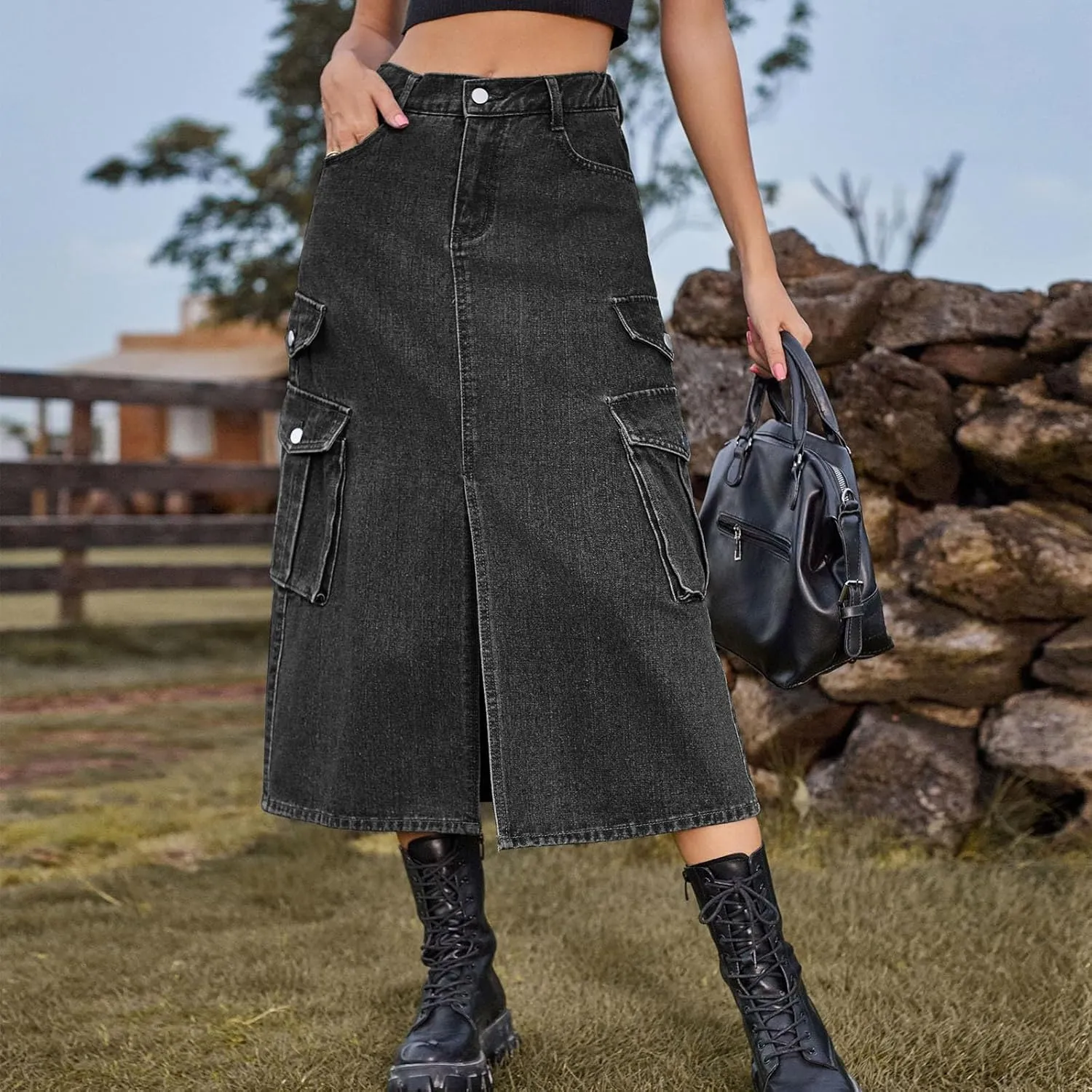 Women's Maxi Long Denim Skirt High Waist Split Casual Side Flap Pocket A-Line Twill Skirt Classic Midi Jean Skirt