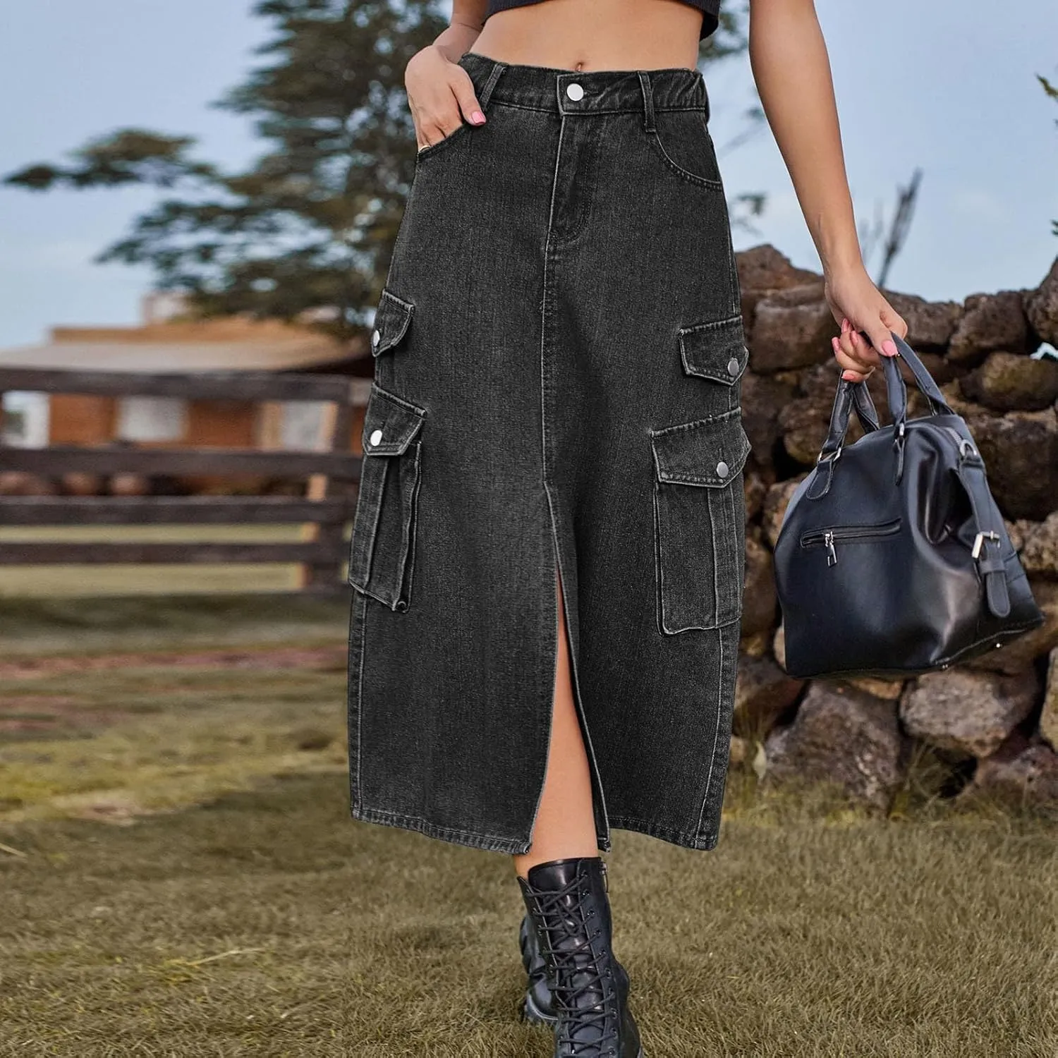 Women's Maxi Long Denim Skirt High Waist Split Casual Side Flap Pocket A-Line Twill Skirt Classic Midi Jean Skirt