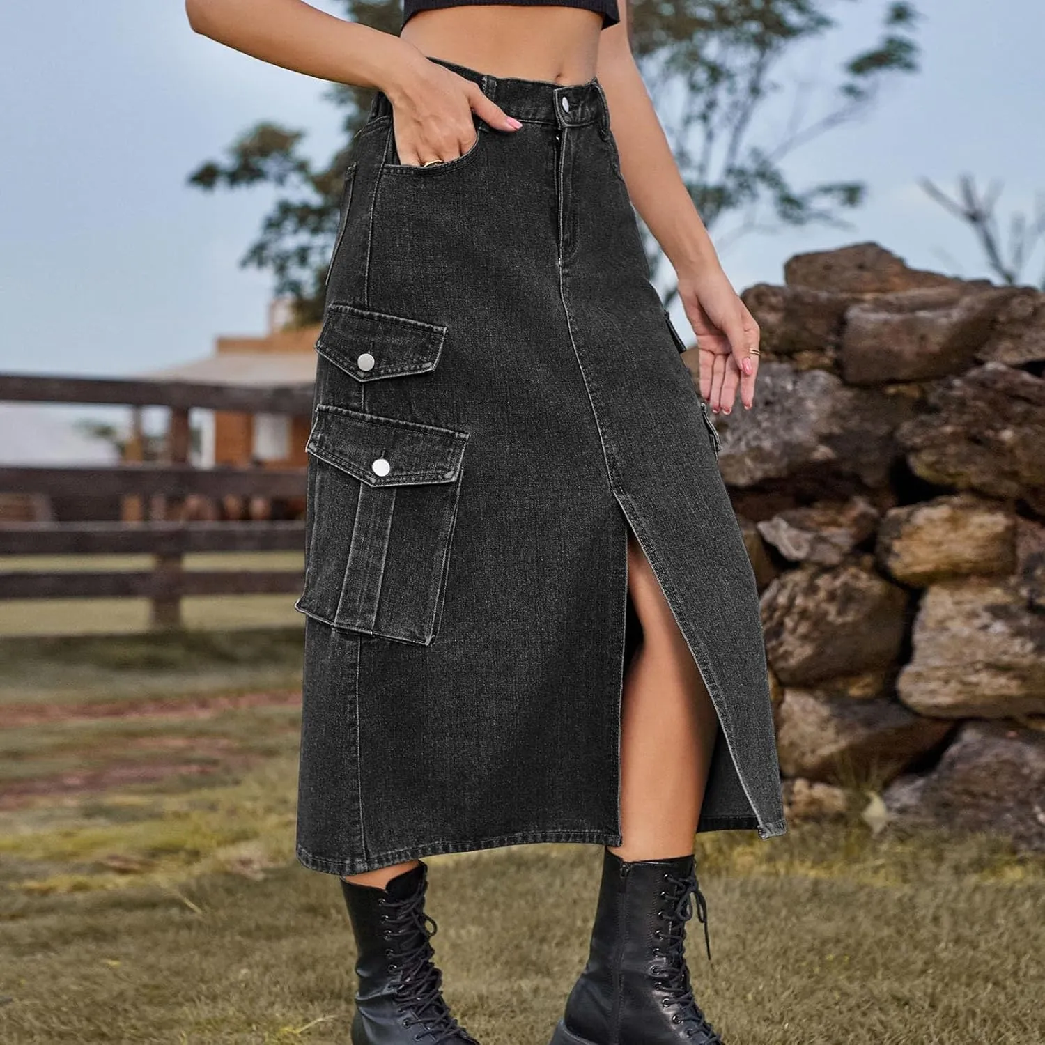 Women's Maxi Long Denim Skirt High Waist Split Casual Side Flap Pocket A-Line Twill Skirt Classic Midi Jean Skirt