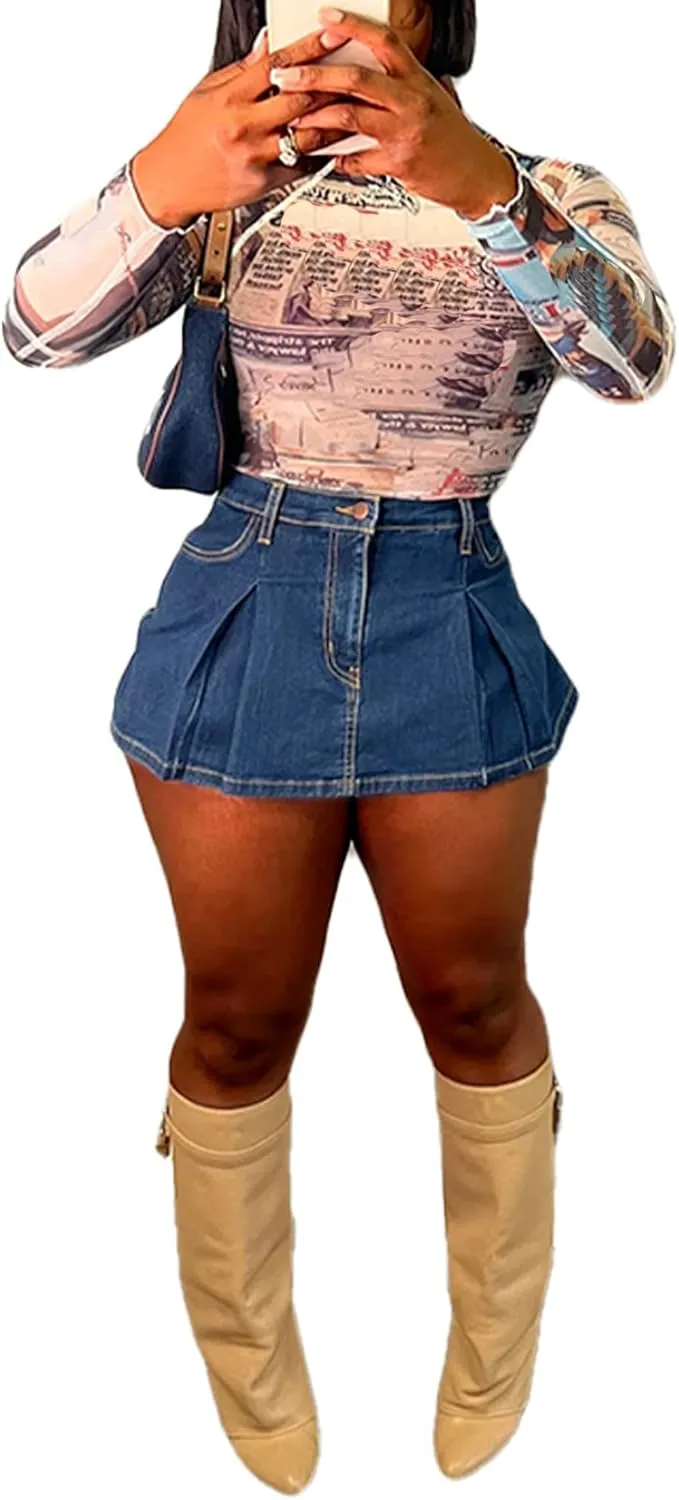 Women's Mini Jean Skirts Slit Bodycon Denim Skirt with Pockets Summer Vintage Streetwear