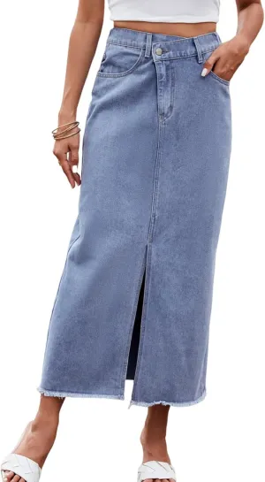 Women's Novelty Denim Skirts High Waisted Casual Slit Midi Jean Skirt Elegant Below Knee Length Jean Skirts