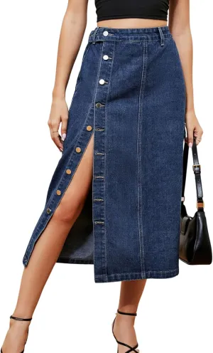 Women's Novelty Denim Skirts High Waisted Casual Slit Midi Jean Skirt Elegant Below Knee Length Jean Skirts