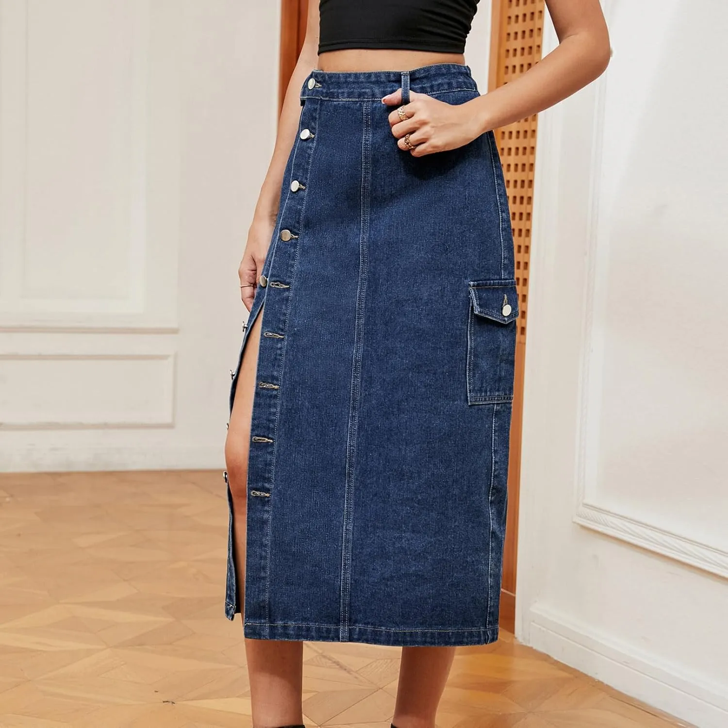 Women's Novelty Denim Skirts High Waisted Casual Slit Midi Jean Skirt Elegant Below Knee Length Jean Skirts