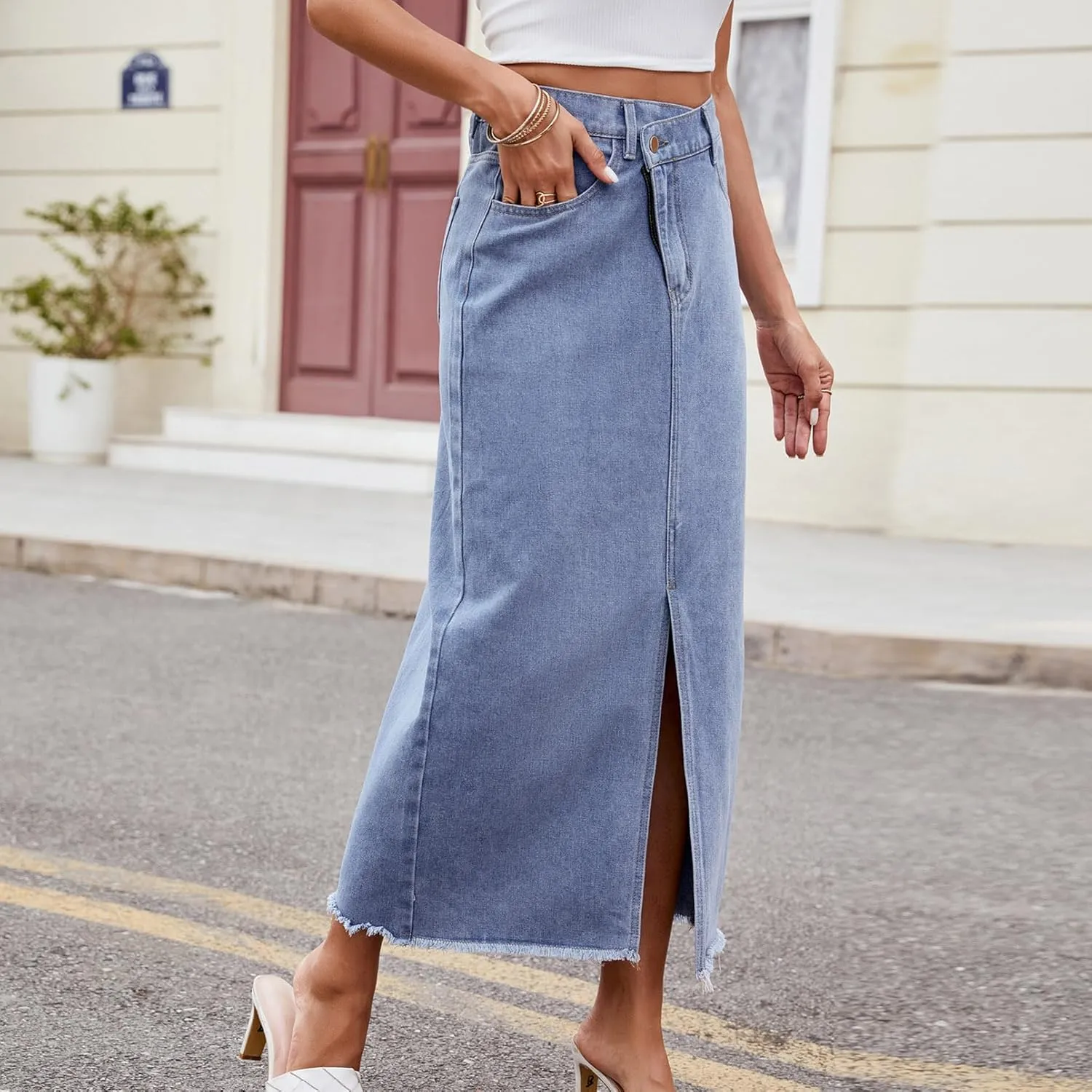 Women's Novelty Denim Skirts High Waisted Casual Slit Midi Jean Skirt Elegant Below Knee Length Jean Skirts