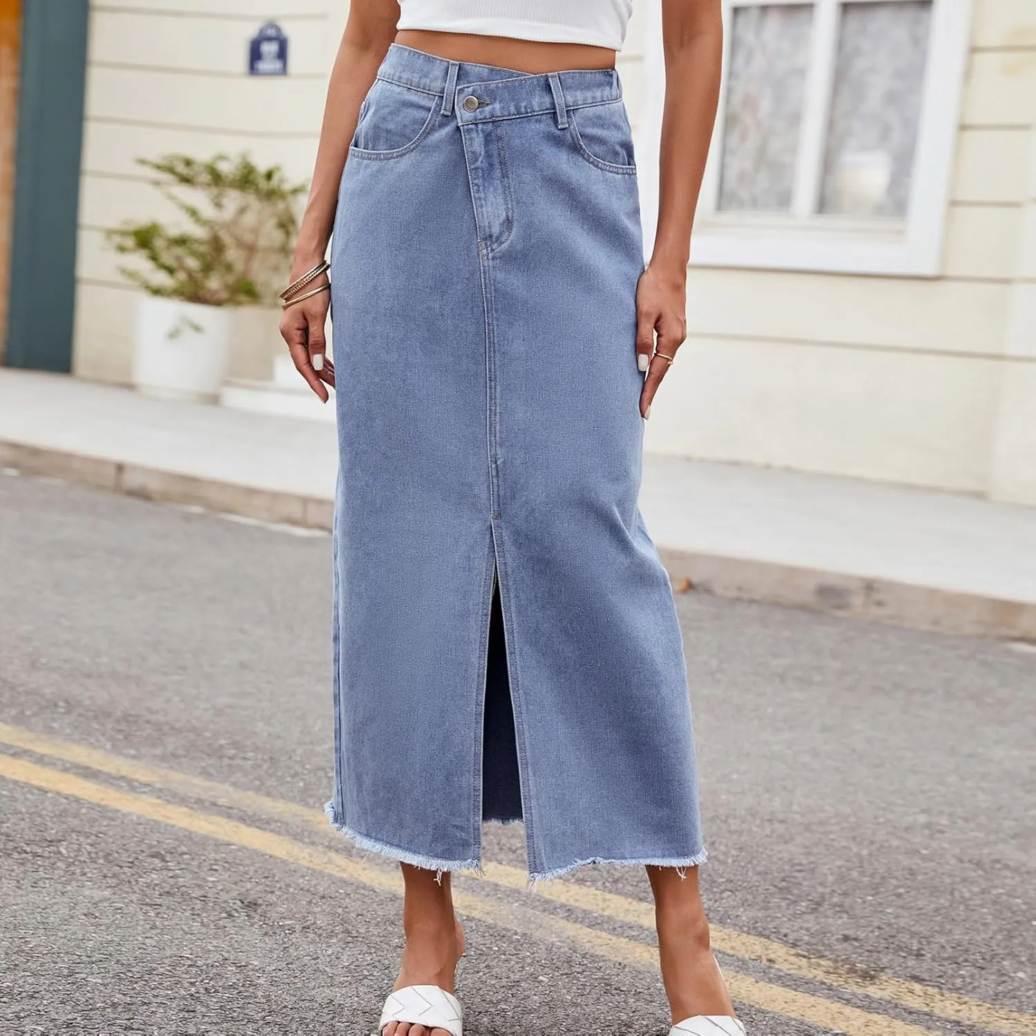 Women's Novelty Denim Skirts High Waisted Casual Slit Midi Jean Skirt Elegant Below Knee Length Jean Skirts