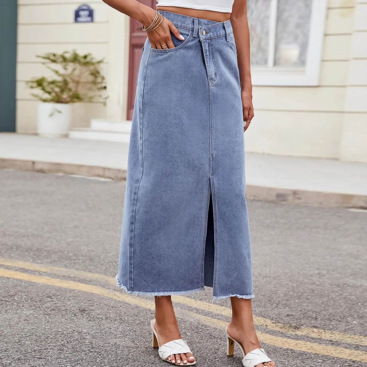 Women's Novelty Denim Skirts High Waisted Casual Slit Midi Jean Skirt Elegant Below Knee Length Jean Skirts