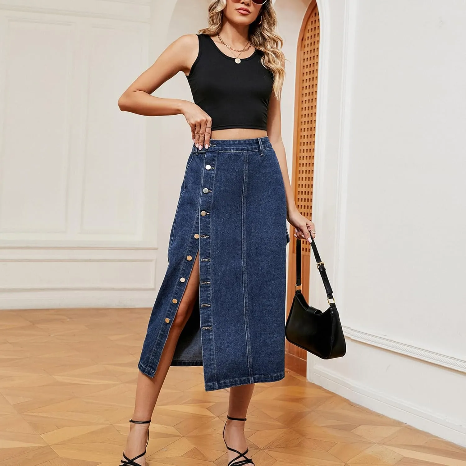 Women's Novelty Denim Skirts High Waisted Casual Slit Midi Jean Skirt Elegant Below Knee Length Jean Skirts
