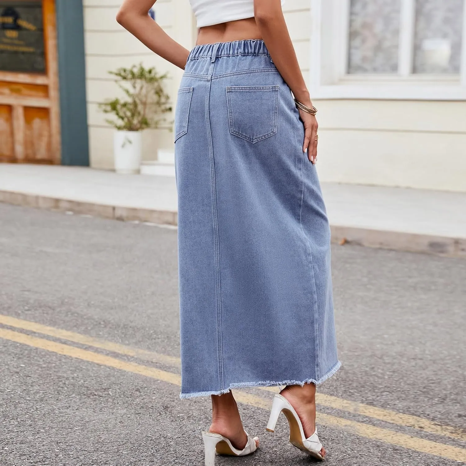Women's Novelty Denim Skirts High Waisted Casual Slit Midi Jean Skirt Elegant Below Knee Length Jean Skirts