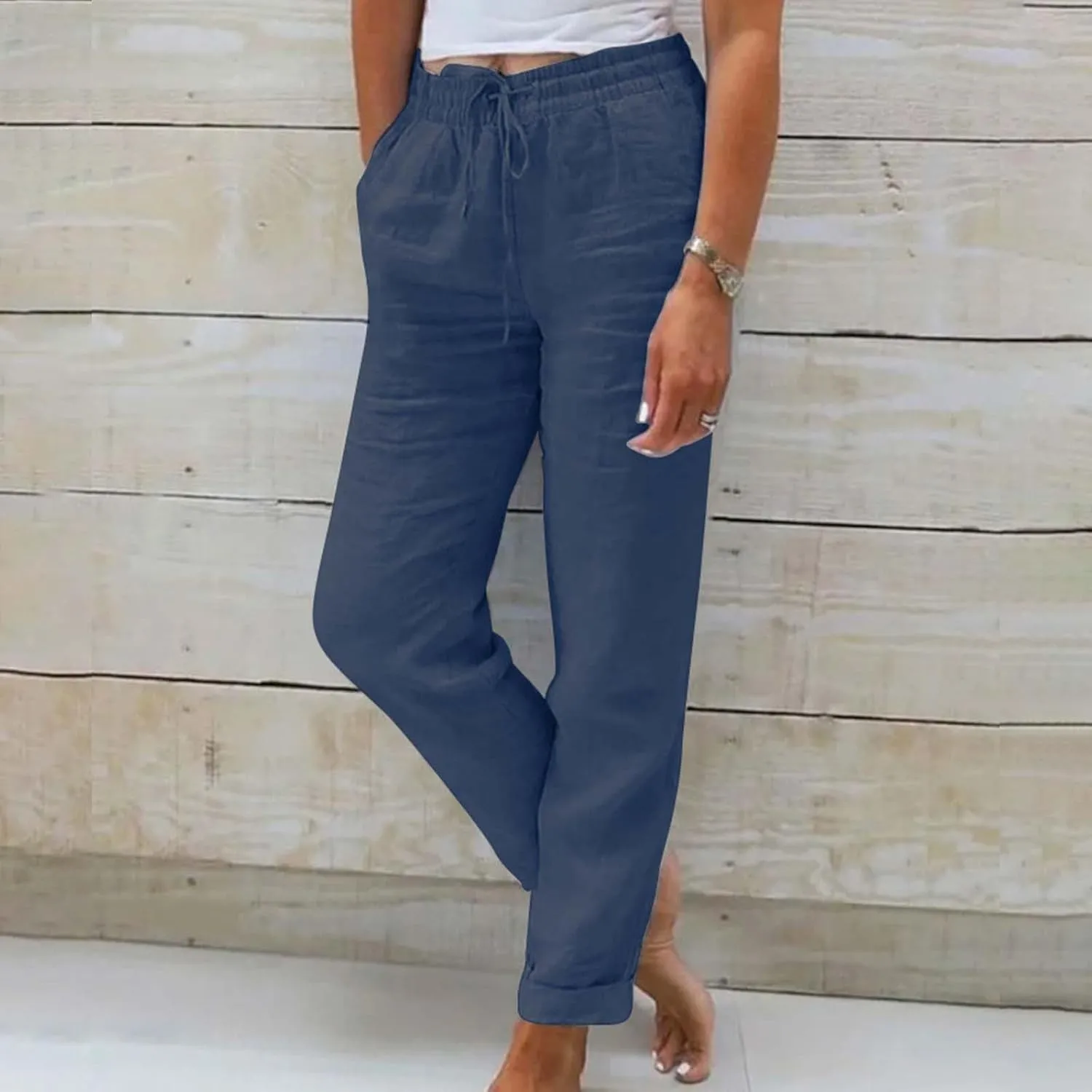 Womens Pajama Pants Cotton Palazzo Pants Wide Leg Long Pant Trousers with Pocket Lightweight Elastic Waist Pant