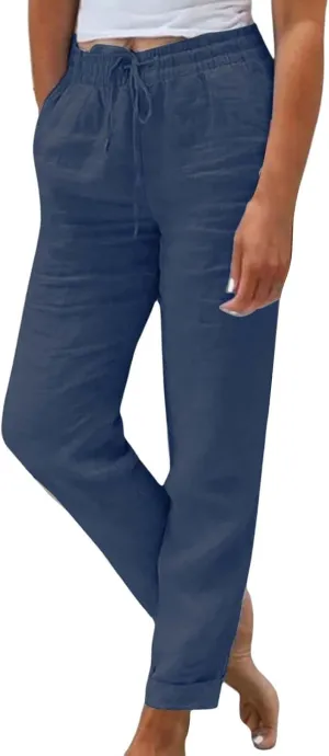 Womens Pajama Pants Cotton Palazzo Pants Wide Leg Long Pant Trousers with Pocket Lightweight Elastic Waist Pant