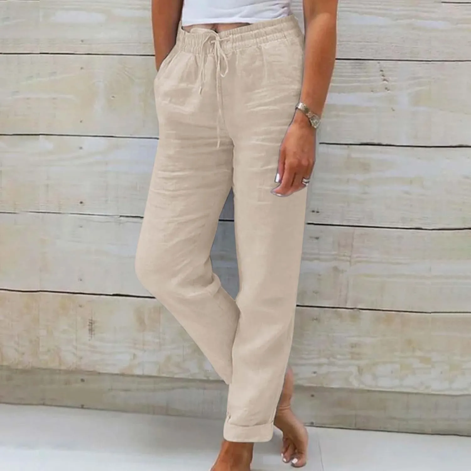 Womens Pajama Pants Cotton Palazzo Pants Wide Leg Long Pant Trousers with Pocket Lightweight Elastic Waist Pant