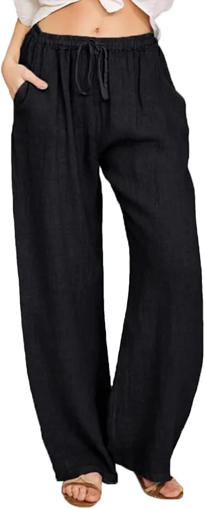 Women's Pants Cotton Linen Summer Wide Leg Casual Loose Drawstring with Pockets Trousers High Waist Palazzo Pants