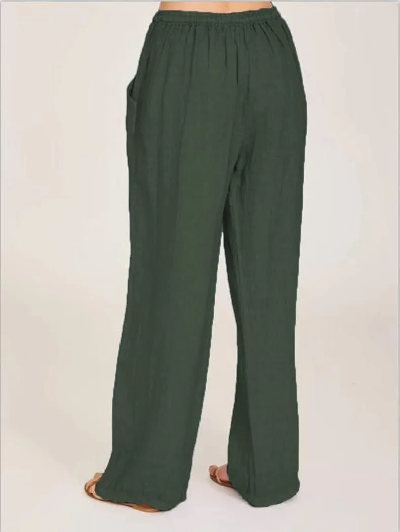 Women's Pants Cotton Linen Summer Wide Leg Casual Loose Drawstring with Pockets Trousers High Waist Palazzo Pants
