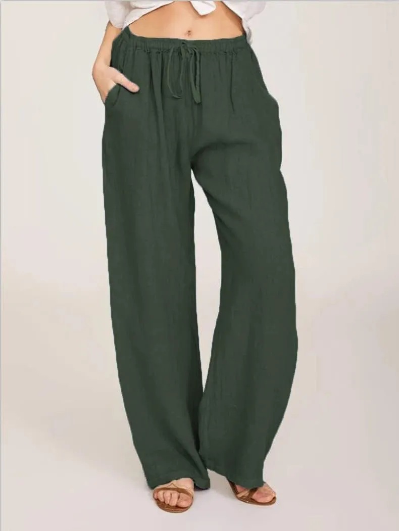 Women's Pants Cotton Linen Summer Wide Leg Casual Loose Drawstring with Pockets Trousers High Waist Palazzo Pants