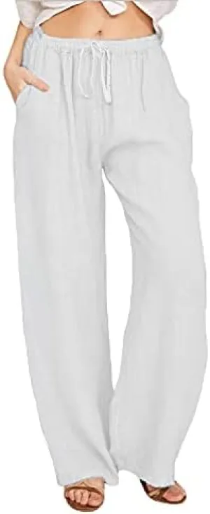 Women's Pants Cotton Linen Summer Wide Leg Casual Loose Drawstring with Pockets Trousers High Waist Palazzo Pants