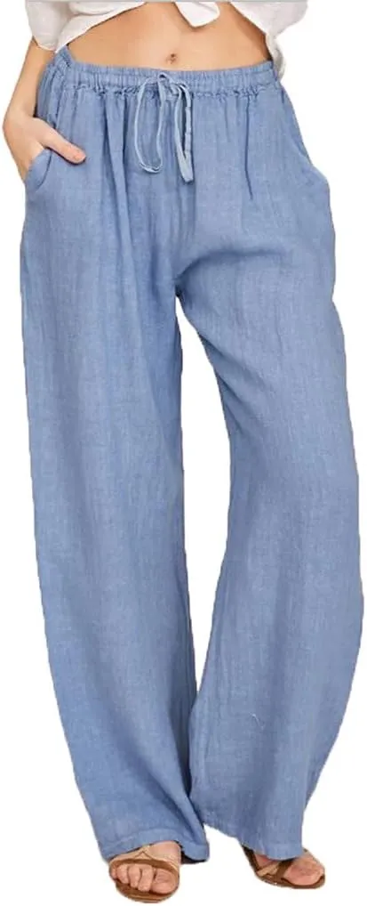Women's Pants Cotton Linen Summer Wide Leg Casual Loose Drawstring with Pockets Trousers High Waist Palazzo Pants