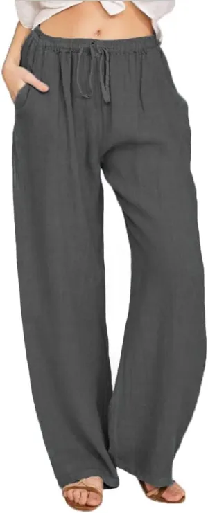 Women's Pants Cotton Linen Summer Wide Leg Casual Loose Drawstring with Pockets Trousers High Waist Palazzo Pants