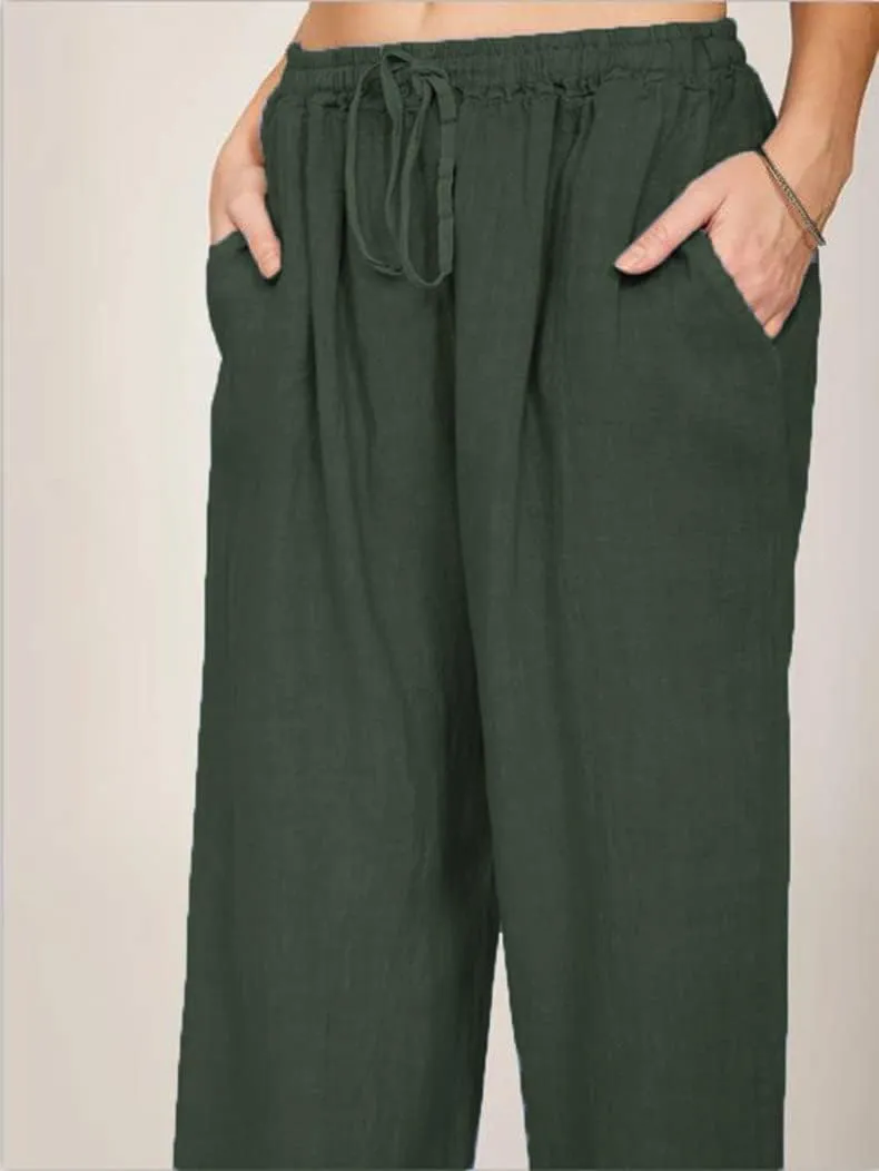 Women's Pants Cotton Linen Summer Wide Leg Casual Loose Drawstring with Pockets Trousers High Waist Palazzo Pants