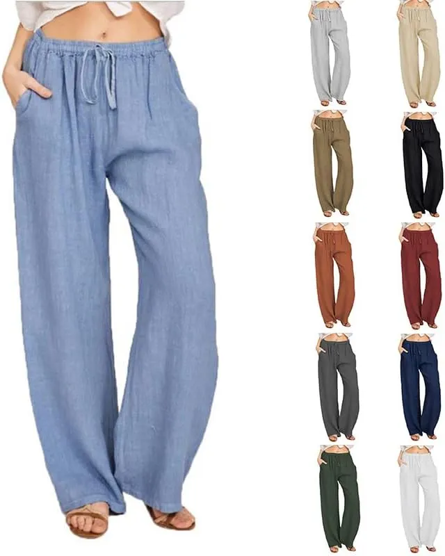 Women's Pants Cotton Linen Summer Wide Leg Casual Loose Drawstring with Pockets Trousers High Waist Palazzo Pants
