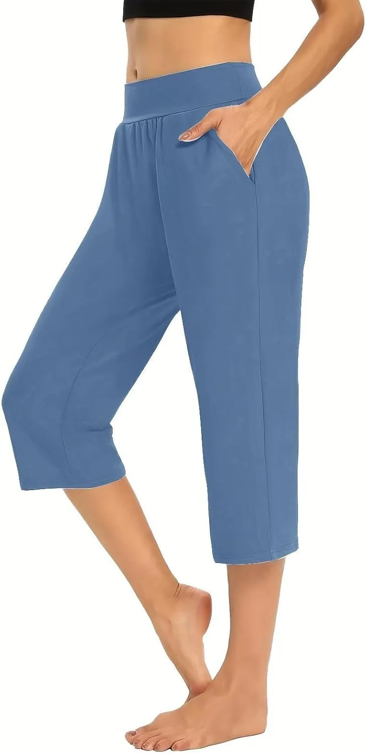 Women's Pants Elastic Waist Petite Cargo Womens Capris Loose Summer Capri Pants for Women Stretch Linen Cotton
