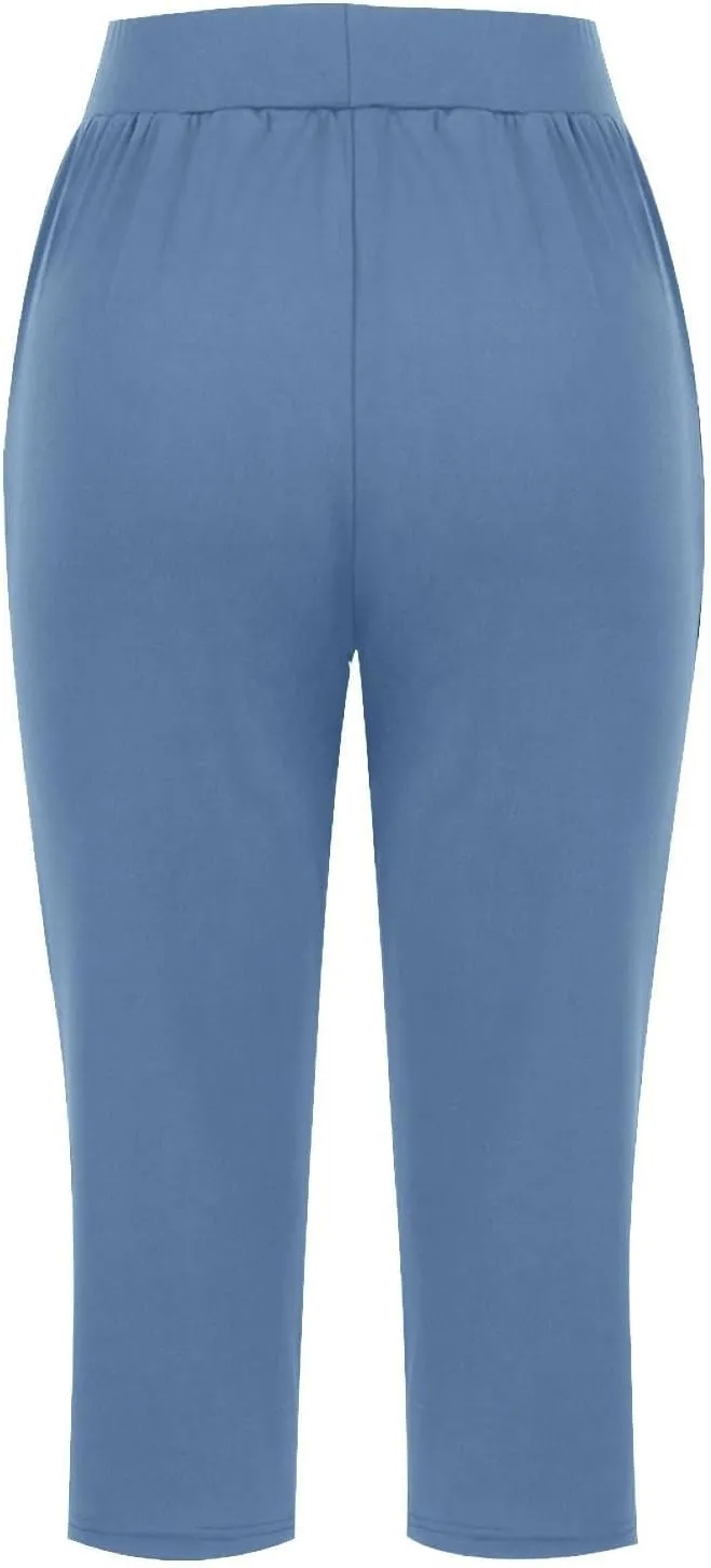Women's Pants Elastic Waist Petite Cargo Womens Capris Loose Summer Capri Pants for Women Stretch Linen Cotton
