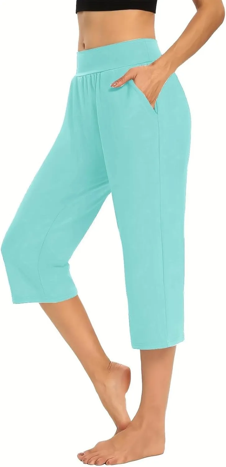 Women's Pants Elastic Waist Petite Cargo Womens Capris Loose Summer Capri Pants for Women Stretch Linen Cotton
