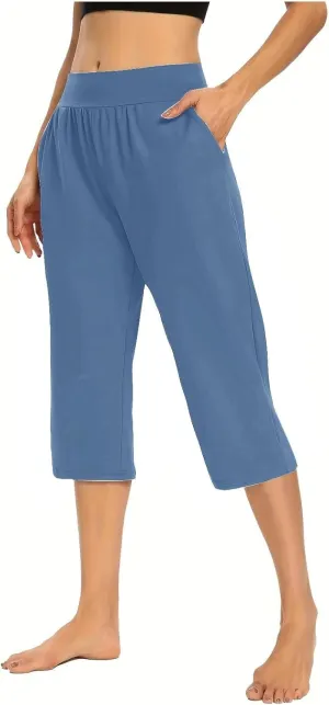 Women's Pants Elastic Waist Petite Cargo Womens Capris Loose Summer Capri Pants for Women Stretch Linen Cotton