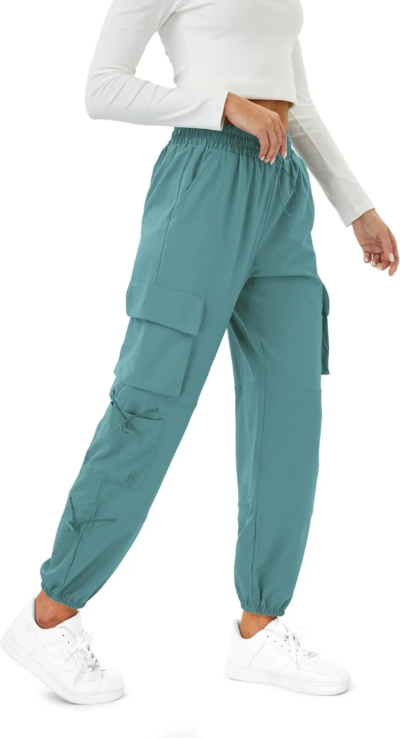 Womens Parachute Cargo Pants with Pockets Quick Dry Hiking Pants Lightweight Water-Resistant Baggy Joggers