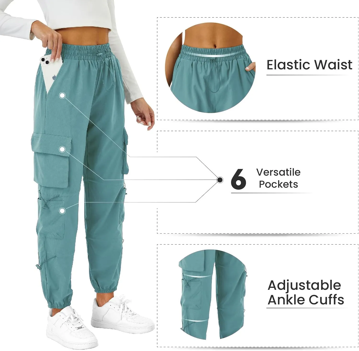 Womens Parachute Cargo Pants with Pockets Quick Dry Hiking Pants Lightweight Water-Resistant Baggy Joggers