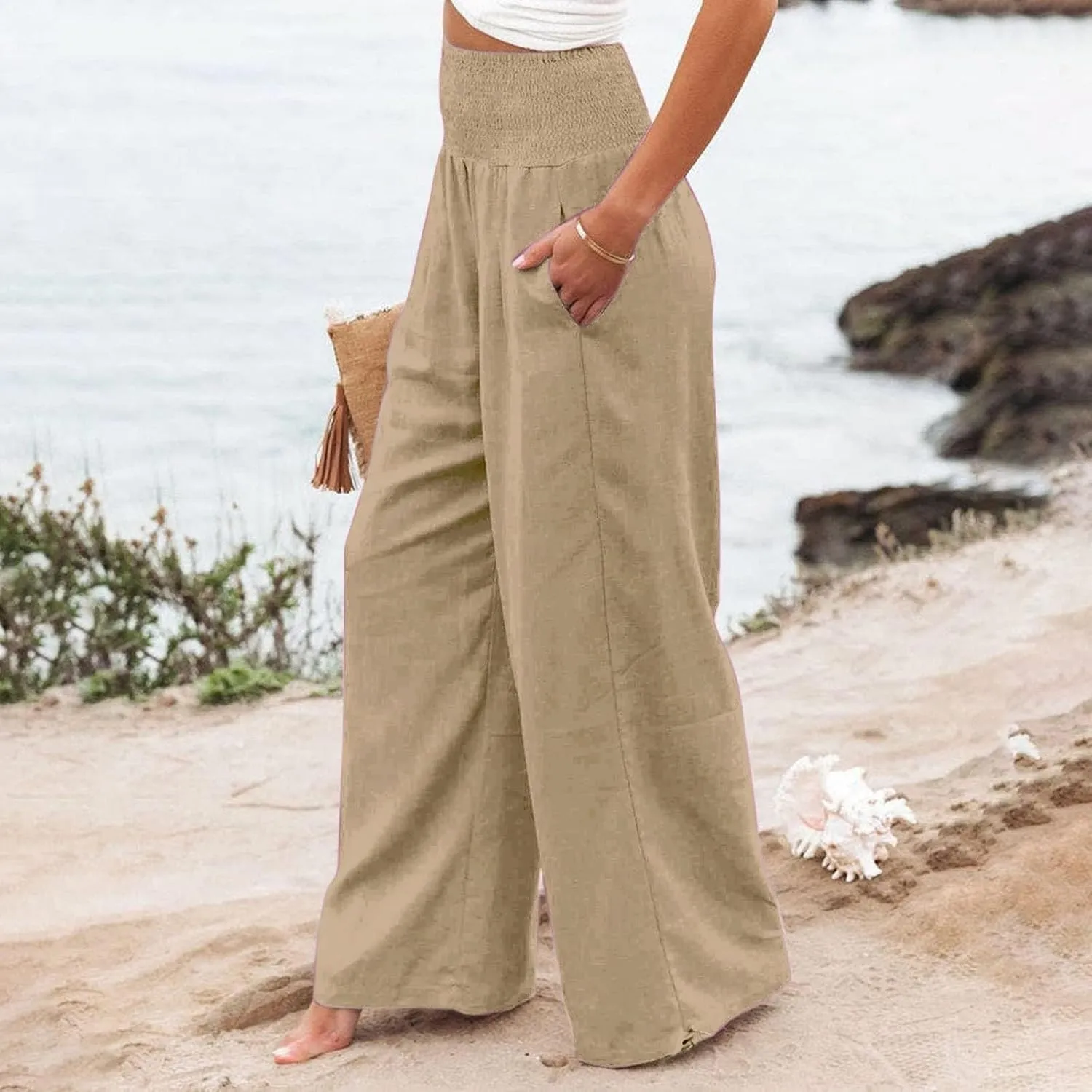 Womens Plus Size Linen Palazzo Pants Casual Summer Wide Leg High Waist Slacks Boho Beach Travel Trousers with Pockets