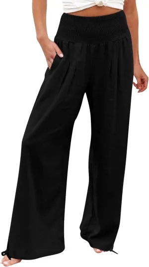Womens Plus Size Linen Palazzo Pants Casual Summer Wide Leg High Waist Slacks Boho Beach Travel Trousers with Pockets