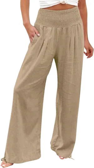 Womens Plus Size Linen Palazzo Pants Casual Summer Wide Leg High Waist Slacks Boho Beach Travel Trousers with Pockets