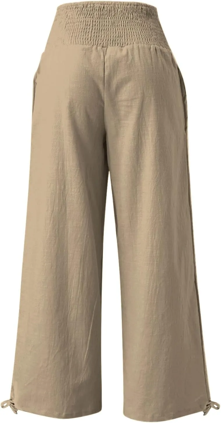 Womens Plus Size Linen Palazzo Pants Casual Summer Wide Leg High Waist Slacks Boho Beach Travel Trousers with Pockets