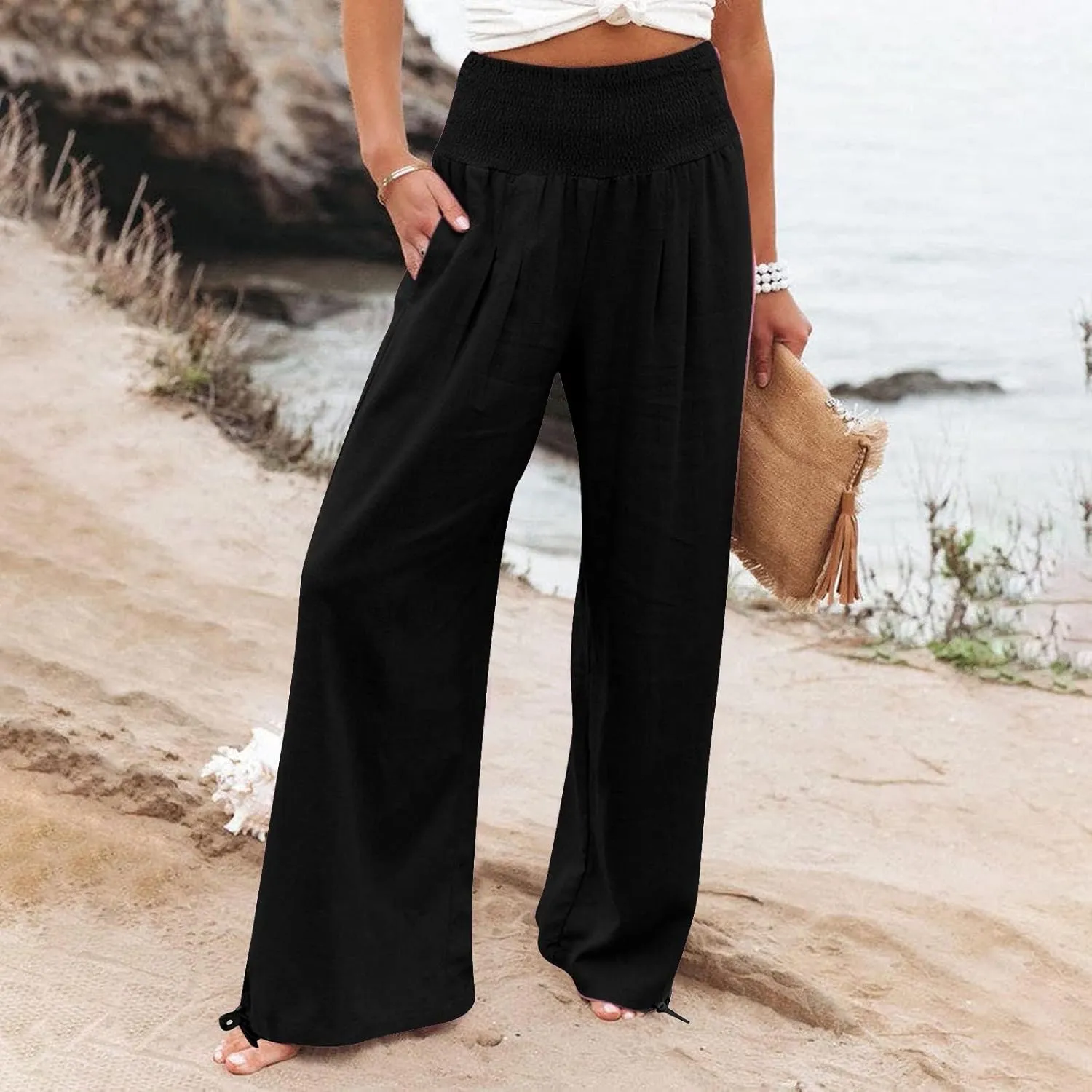 Womens Plus Size Linen Palazzo Pants Casual Summer Wide Leg High Waist Slacks Boho Beach Travel Trousers with Pockets